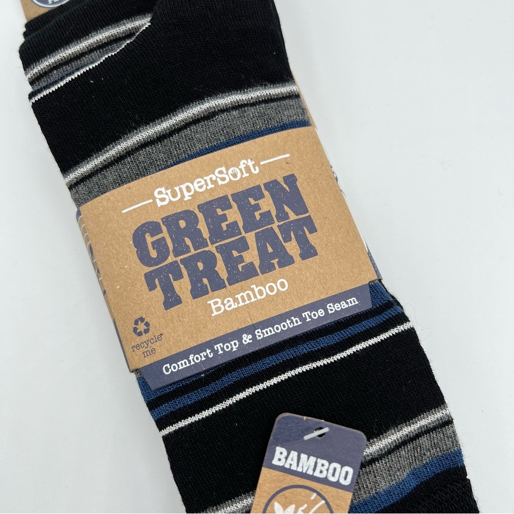 Green Treat Super Soft Bamboo Black Grey Striped 3 Pairs Dress Socks Men’s 8-12 - Picture 2 of 5